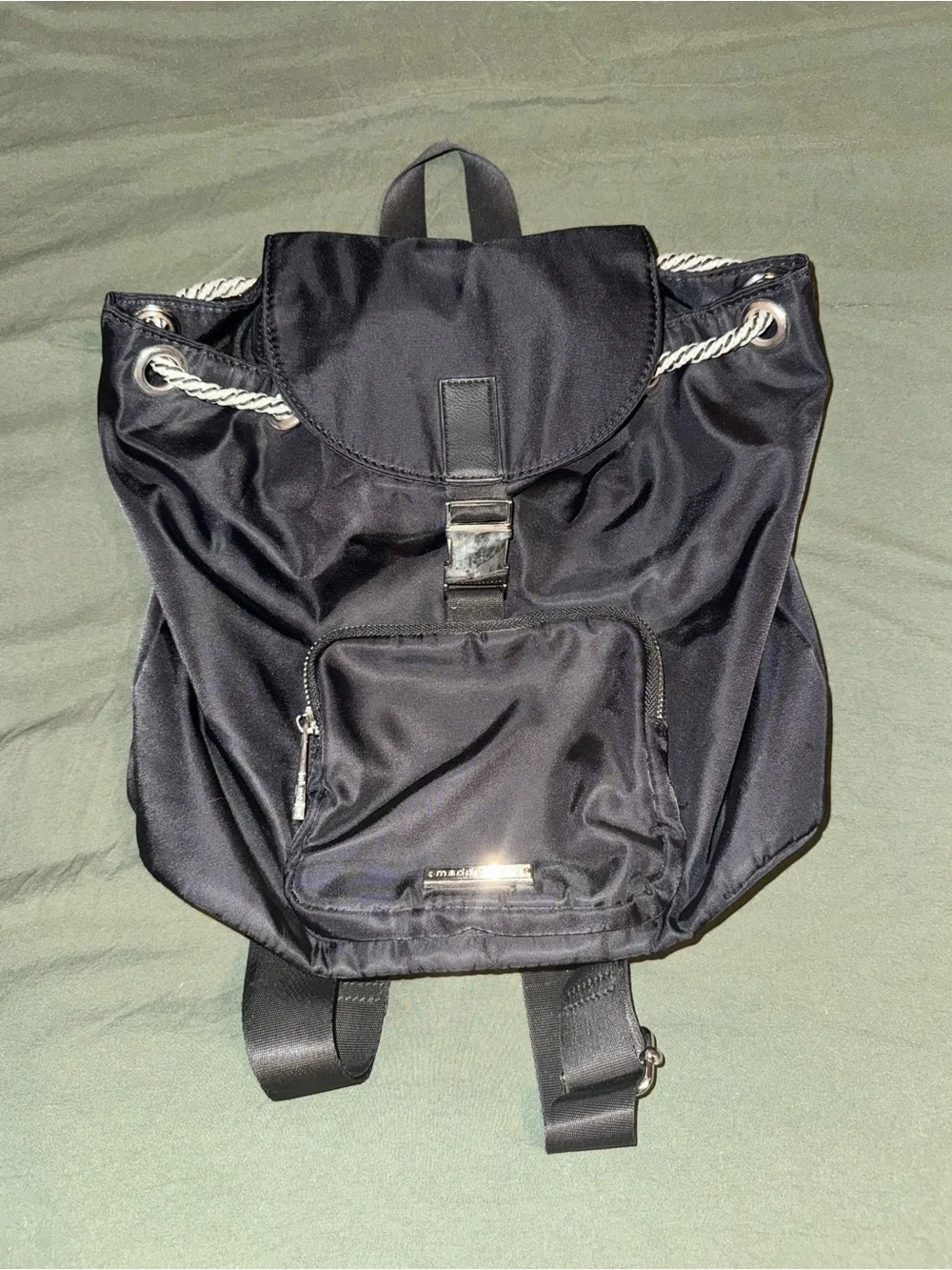 Madden Girl Black Nylon Drawstring Backpack with Silver Rope